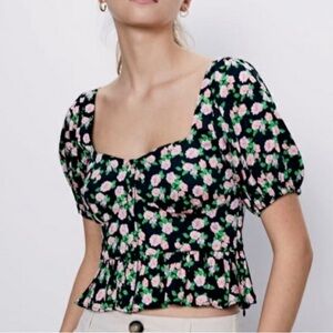 Zara Floral Puff Sleeve Crop Top